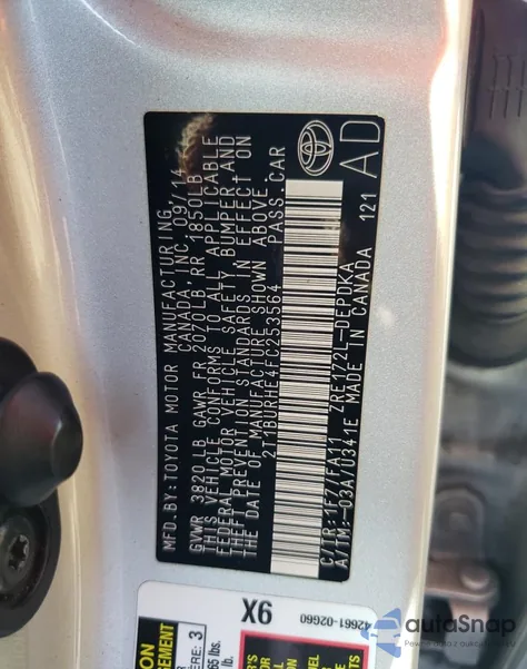 2015 Toyota Corolla L z USA, uszkodzony, nr VIN 2T1BURHE4FC253564